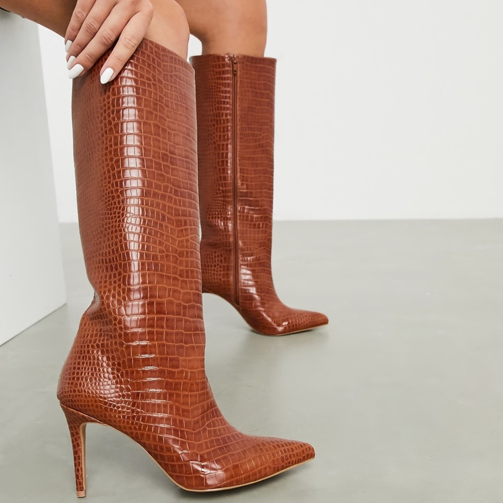ASOS Design Claudia Knee High Boots in Brown Croc 
New Never Worn  - Size 9
